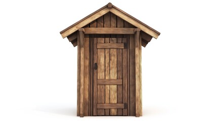 one single old rustic wooden outhouse isolated on white background