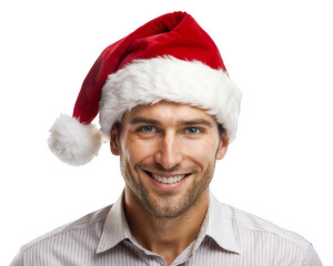 Smiling man wearing a santa hat solated on the white background