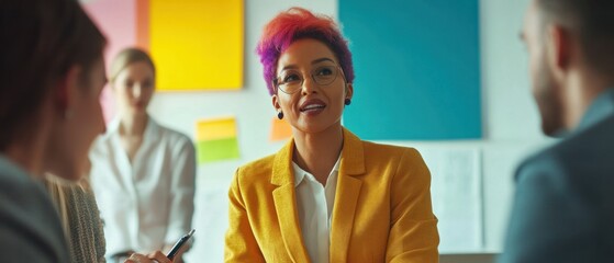 Visionary LGBTQ leader discussing innovative ideas with team in modern office with creative decor and engaged expressions