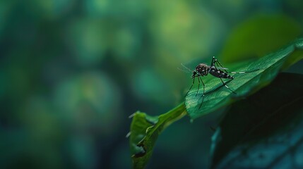 Fototapeta premium Mosquito resting on green leaf in forest setting, symbolizing potential transmission of West Nile virus, nature and health awareness concept.
