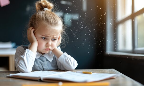 Upset Schoolgirl in Uniform at Desk with Sunlight Through Window