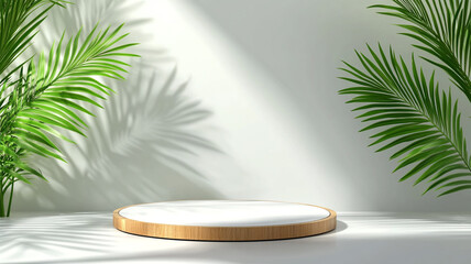 Obraz premium Minimalist display stand surrounded by lush green palm leaves in a bright, serene interior space