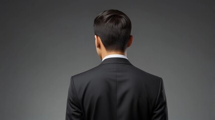 Back view of a young businessman in a black suit, looking forward against a plain gray background.