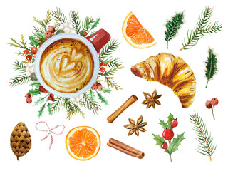 Watercolor winter cup of coffee. Cozy hot drink in Christmas mug for celebration mood. Winter greenery decoration with red berry and spruce branches