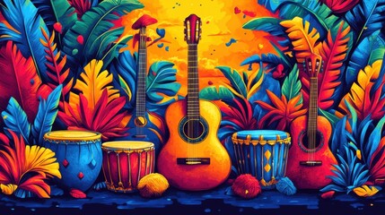 Vibrant tropical music scene with guitars and drums surrounded by colorful foliage