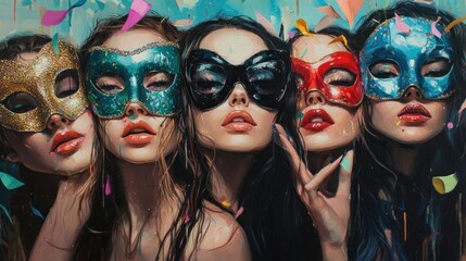 Obraz premium A vibrant depiction of five women in colorful masks, celebrating with confetti.