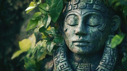 Fototapeta premium A serene stone statue partially covered by lush green leaves, evoking tranquility and nature.