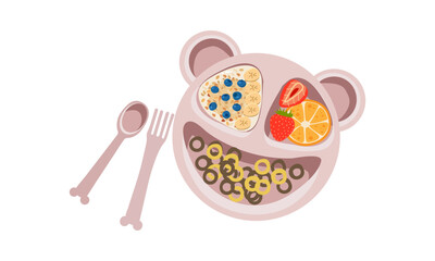 Breakfast time. Set of cute food icons in cartoon style for sweet design. Eggs, waffles with pancakes ,fruits and vegetables jam on cute plate for kids menu .