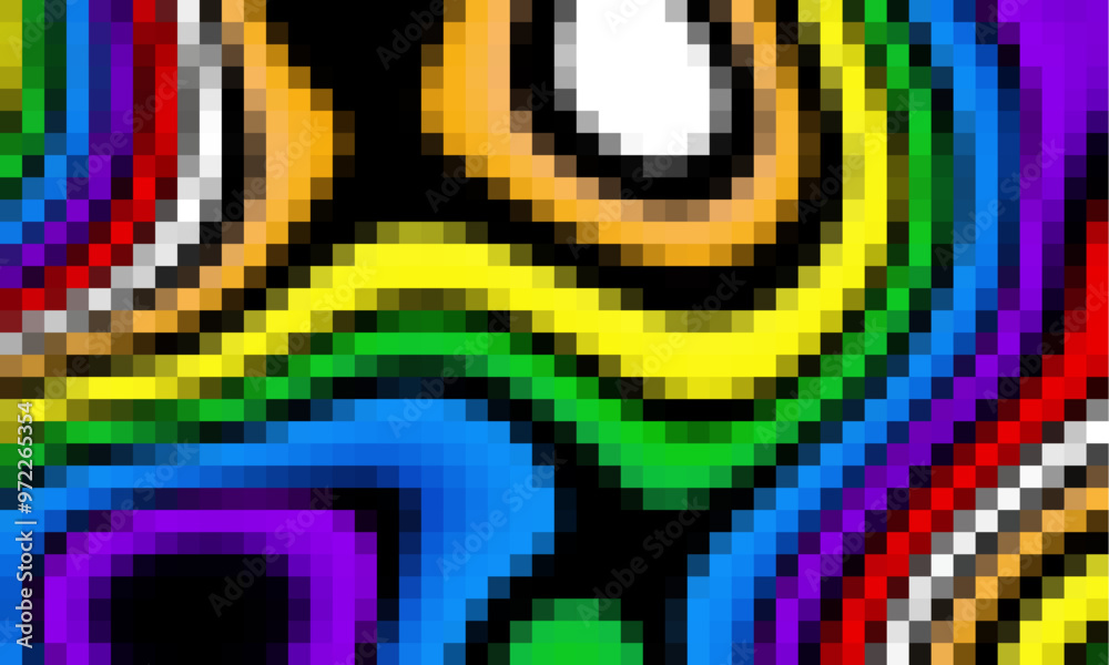 Poster Trippy psychedelic colorful rainbow geometric shapes abstract background, Pixelated vector pattern