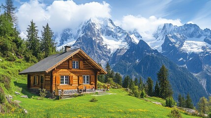 Obraz premium Wooden Cabin in a Picturesque Mountain Valley