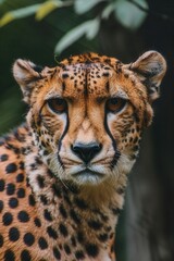 Obraz premium Close-up portrait of a majestic leopard displaying its striking spots and intense gaze in a lush green environment.