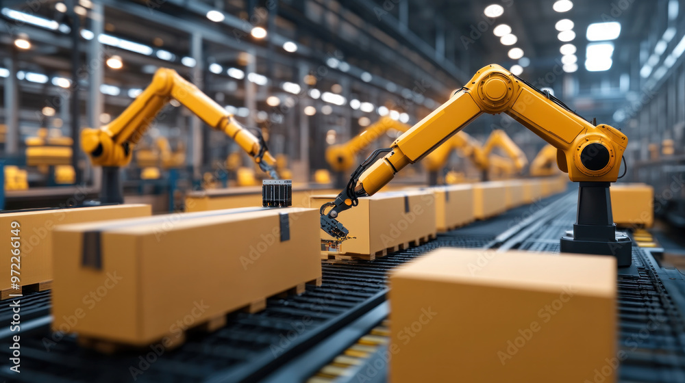 Poster a factory with robots working on boxes. the robots are yellow and are working on a conveyor belt