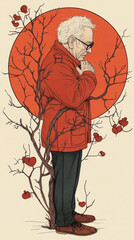 A man in a red coat is standing in front of a tree with red leaves. The man is looking at the tree and he is in deep thought. Concept of contemplation and introspection