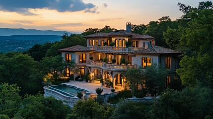 Illuminated Villa on a Hillside Overlooking a Valley at Sunset