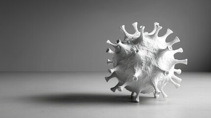 Obraz premium Virus model with spikes floating on a grey surface, with room for copy text.