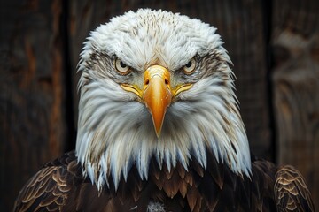 Obraz premium Majestic close-up portrait of a fierce eagle, showcasing its sharp beak and intense gaze, symbolizing strength and freedom in nature.