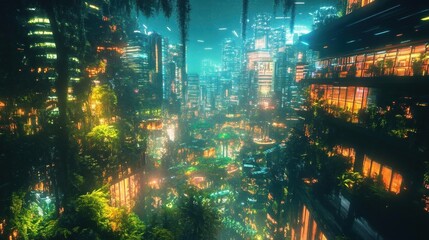 Fototapeta premium An aerial view of a futuristic city at night, with glowing skyscrapers and lush greenery.