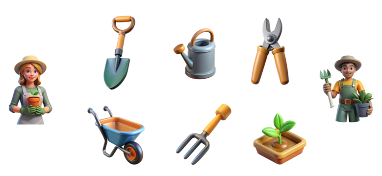 Gardening 3d  set. Tools, equipment for garden and vegetable garden care.