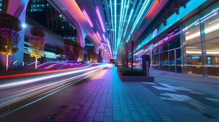 Obraz premium Vibrant Neon Lights Illuminate Modern Cityscape at Night