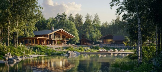 Obraz premium Peaceful lakeside retreat in autumn with cozy wooden cabins, perfect for relaxation and mindfulness practices