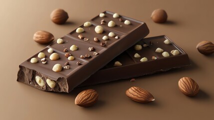 Two dark chocolate bars with almonds and white chocolate pieces.