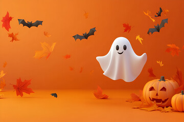 Minimalistic Halloween background with a ghost, pumpkin, bats and autumn leaves on orange back