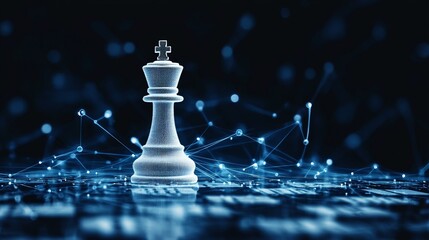 White chess king with blur graphic Binary Data computer Number network on blue dark background