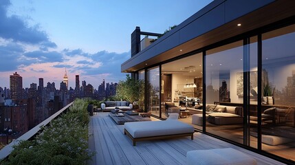 Obraz premium Modern Rooftop Terrace with City Skyline View at Twilight