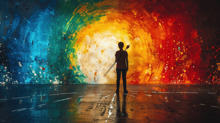 A lone figure stands in front of a vibrant, swirling mural of colors in an abstract artistic space during twilight hours