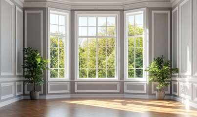 Classical room interior, wooden floors and gray walls, white moulding and window with nature view, bright natural light.