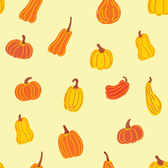 Autumn pattern with pumpkins vector. Cute hand drawn seasonal pattern. Vector illustration in flat style
