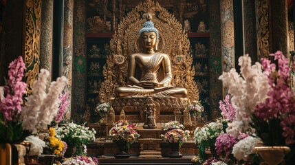 Fototapeta premium A grand Taowesuwan statue surrounded by an abundance of flowers and intricate
