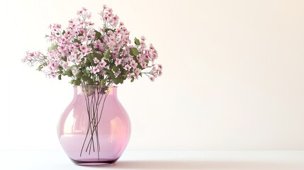 Pink flowers in a pink vase against a white wall.