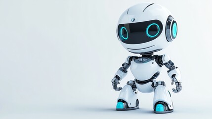 Friendly white robot with blue eyes isolated on white background.