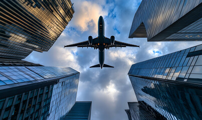 Airplane flying over skyscrapers in a city.