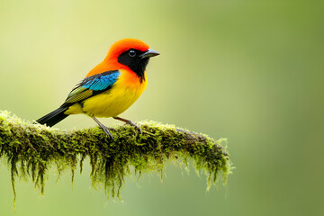 A vibrant tropical bird perched on a moss-covered branch in a lush green forest.