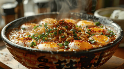 Fototapeta premium Delicious steaming ramen dish featuring soft boiled eggs, scallions, and spices in a vibrant bowl, served in a cozy restaurant setting