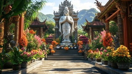 Obraz premium A grand Taowesuwan statue surrounded by an abundance of flowers and intricate