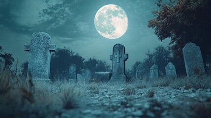 A classic Halloween graveyard scene with tombstones and a full moon, designed for a chilling backdrop close up, eerie mood realistic, ethereal Composite Graveyard backdrop
