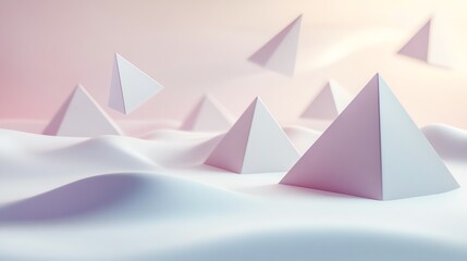 Abstract 3D rendering of white pyramids on a white wavy surface.