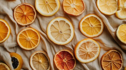 Flat lay of assorted dried fruit slices on a patterned cloth, top view, with space for copy.