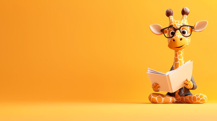 Obraz premium A cheerful giraffe wearing glasses reads a book, set against a vibrant orange background, perfect for education and fun.
