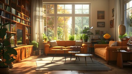 Fototapeta premium Modern Living Room Interior Design with Sunlight Streaming Through Windows