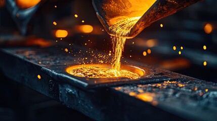 Jewelry casting process molten metal being poured into molds under glowing light in an industrial workshop detailed and dramatic
