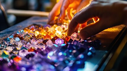 Gemstone sorting and cutting process in a professional workshop bright light reflecting off raw gems close-up view