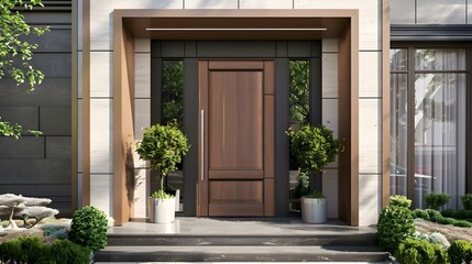 Modern House Entrance with Wooden Door and Landscaping