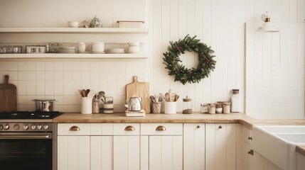 Fototapeta premium A cozy kitchen with wooden accents, shelves of dishware, and a festive wreath.