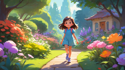 A child walks on a path lined with vibrant flowers, enjoying the scenic, lush surroundings on a sunny day.