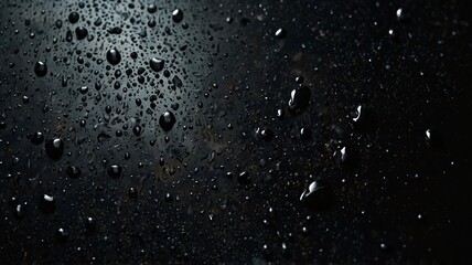 Obraz premium Close-up view of water droplets on a dark glass surface showing detailed texture and play of light reflections.