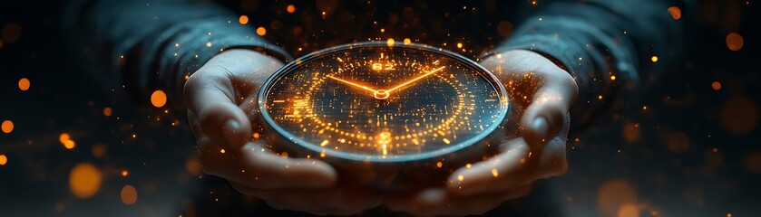 Obraz premium businessman holding a digital clock, holographic productivity tools, task lists, project timelines, and efficiency metrics, technology in optimizing time management design,